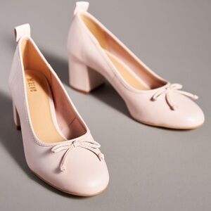 Anthropologie Pale Pink Block Heel Pumps with Bow Detail